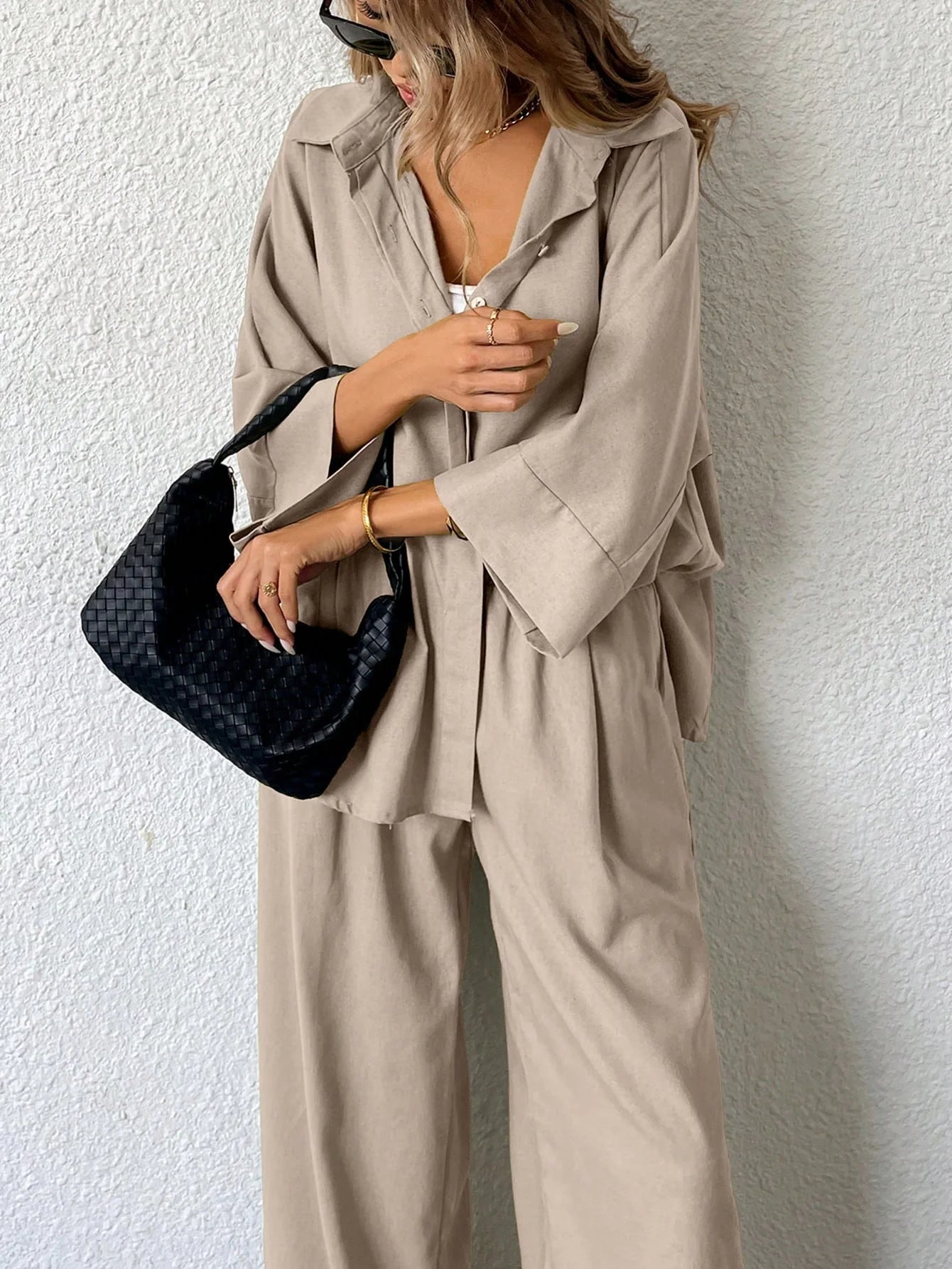 Women Blended Side Slit Loose Shirt & Wide Leg High Waist Pants Set