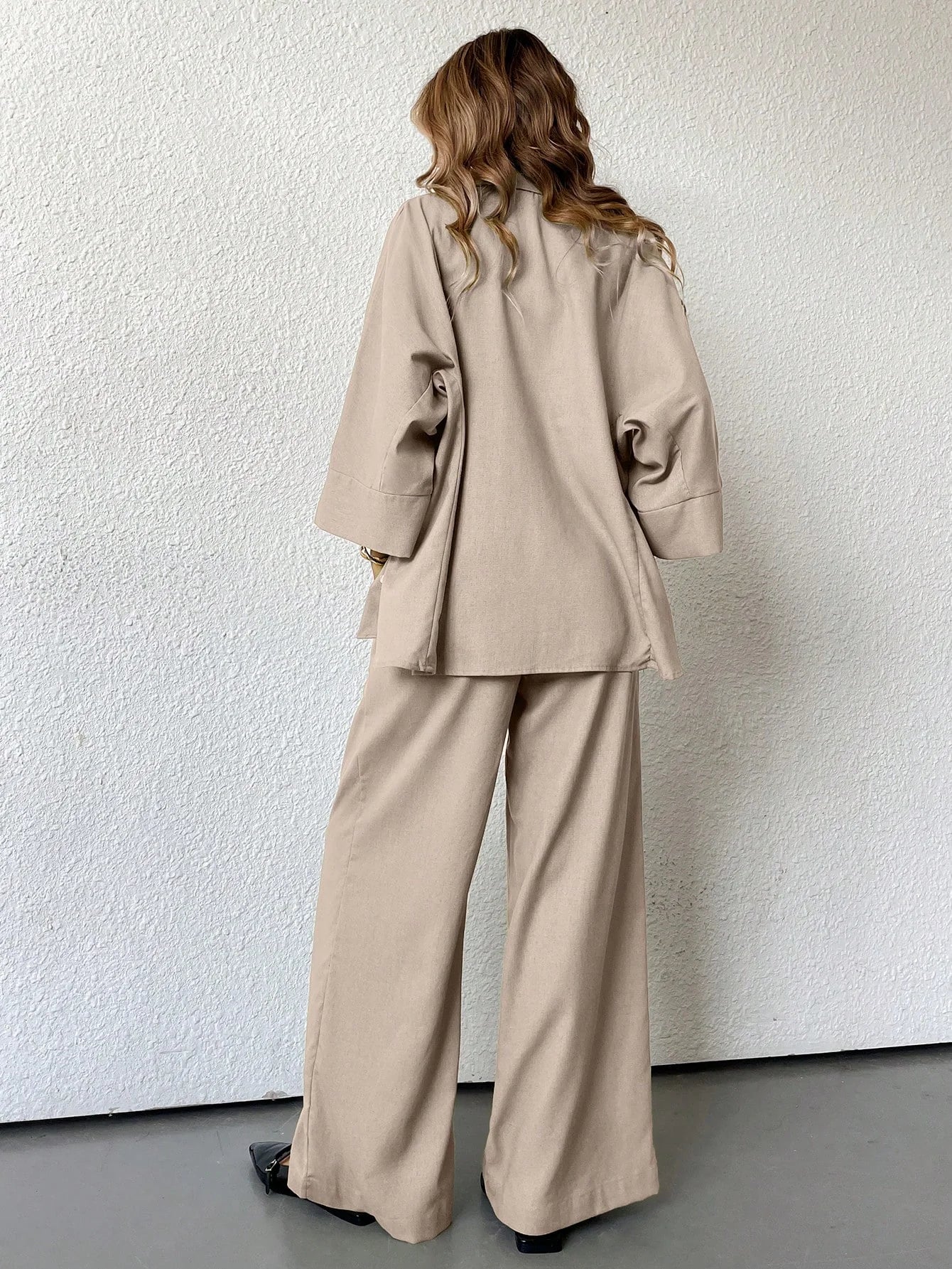Women Blended Side Slit Loose Shirt & Wide Leg High Waist Pants Set