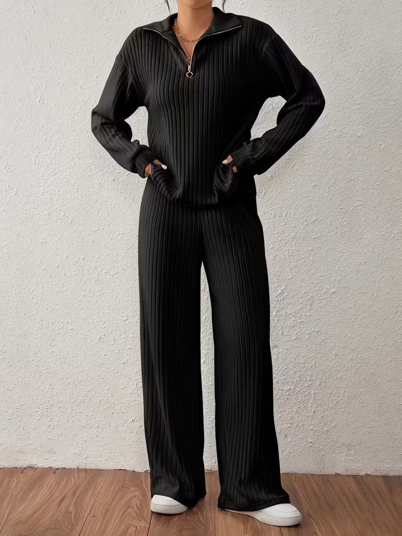 Half-Zip Casual Slit Knitted Two-Piece Set