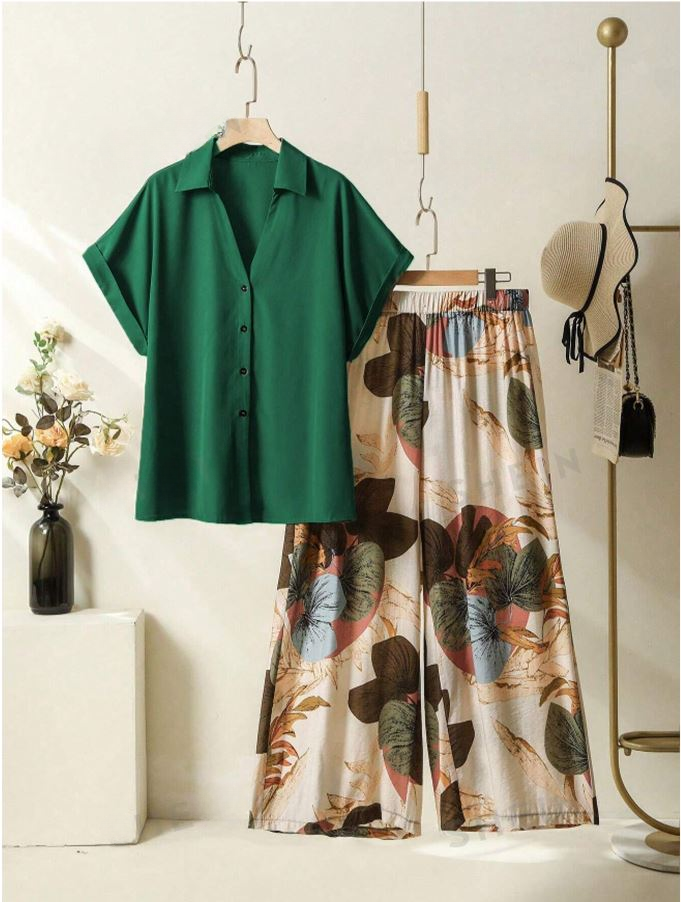 Women's Solid Color Batwing Sleeve Shirt And Floral Print Pants