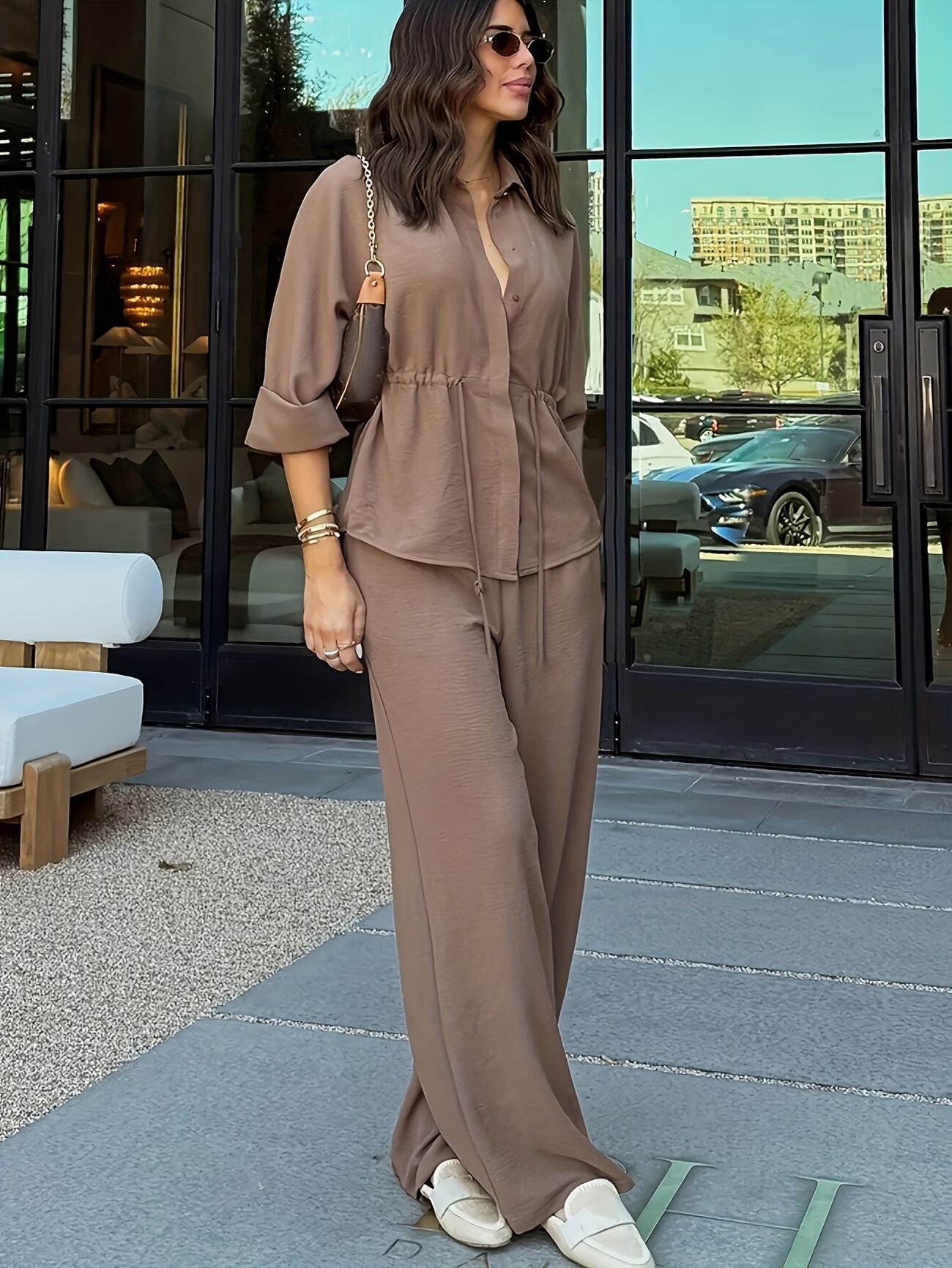 Women's Solid Color Long Sleeve Top With Elastic Waist Wide Leg Pants