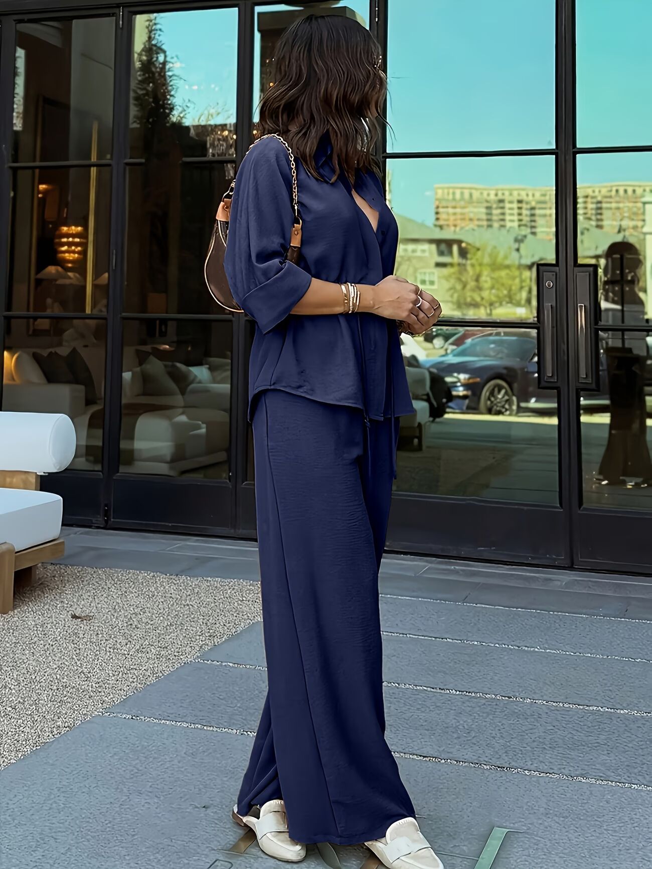 Women's Solid Color Long Sleeve Top With Elastic Waist Wide Leg Pants