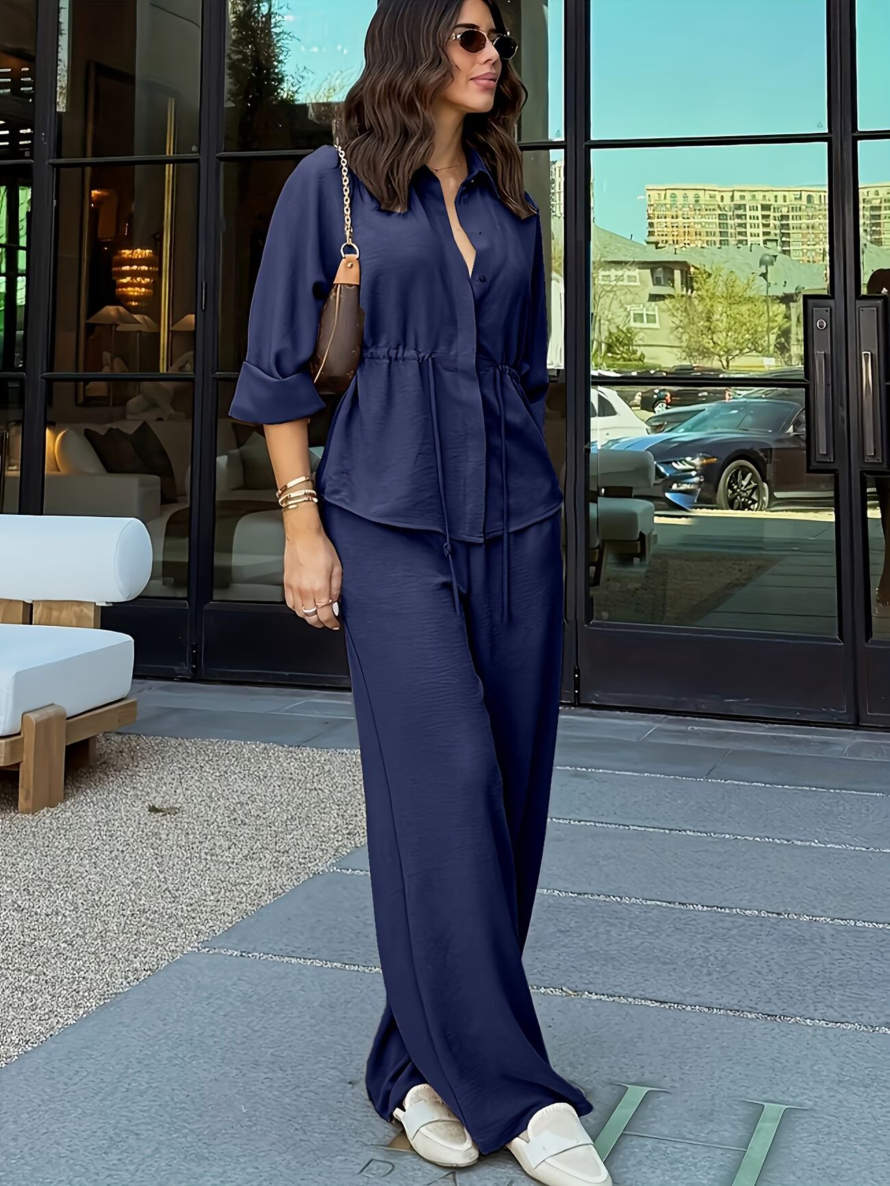 Women's Solid Color Long Sleeve Top With Elastic Waist Wide Leg Pants