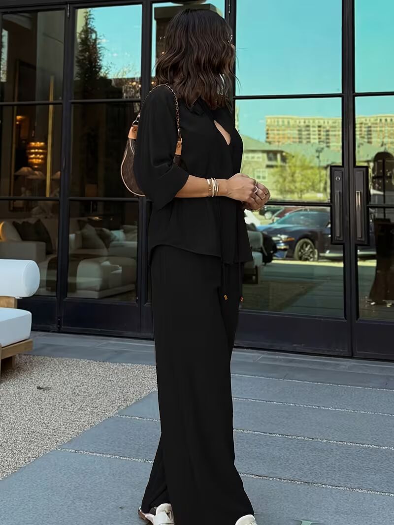 Women's Solid Color Long Sleeve Top With Elastic Waist Wide Leg Pants