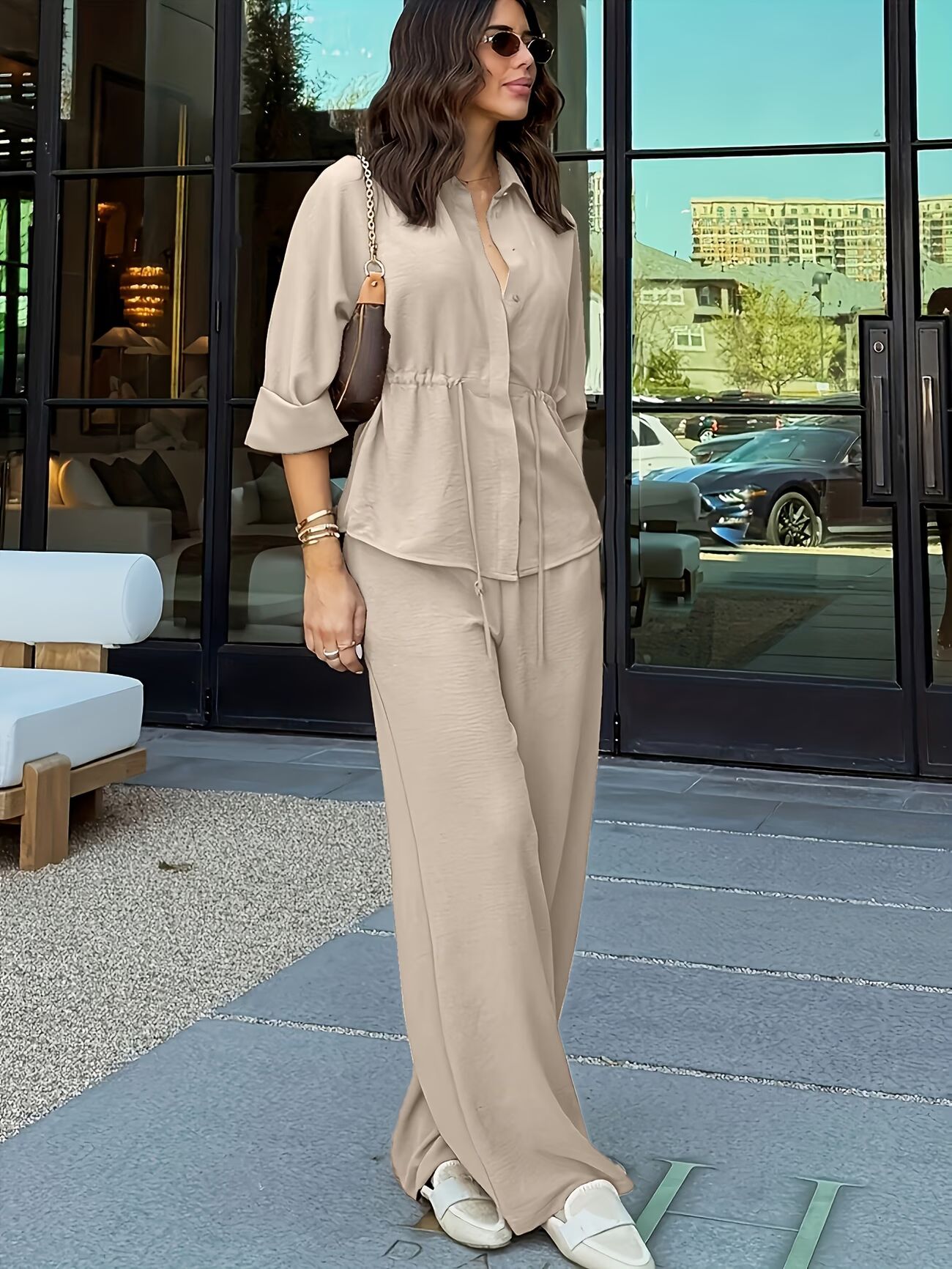 Women's Solid Color Long Sleeve Top With Elastic Waist Wide Leg Pants