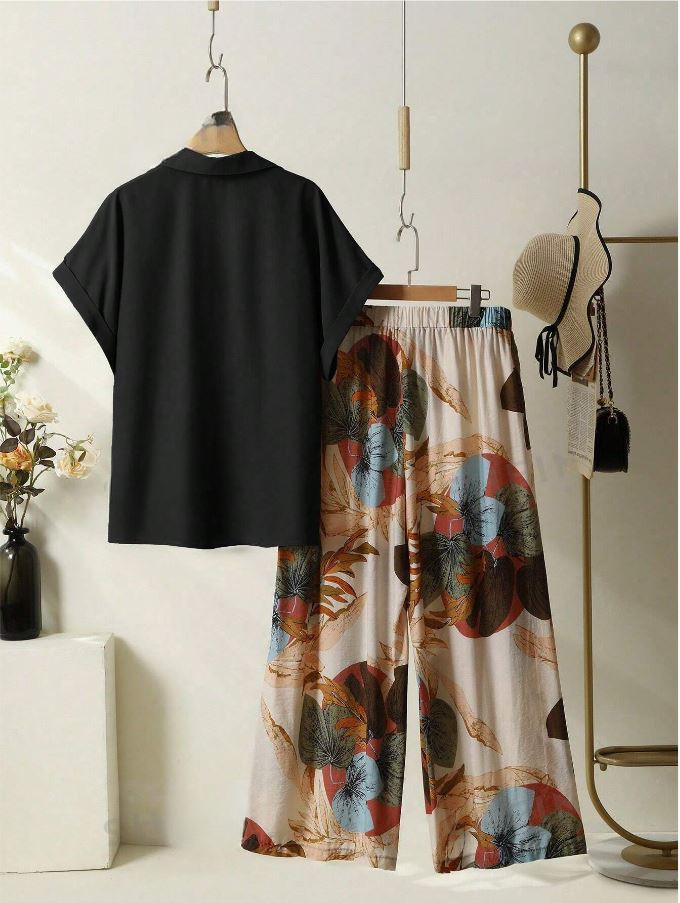 Women's Solid Color Batwing Sleeve Shirt And Floral Print Pants