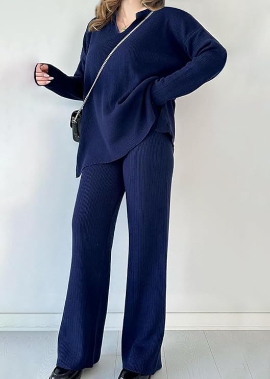 V-Neck Casual Slit Knitted Two-Piece Set