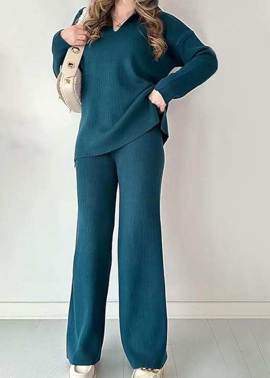 V-Neck Casual Slit Knitted Two-Piece Set