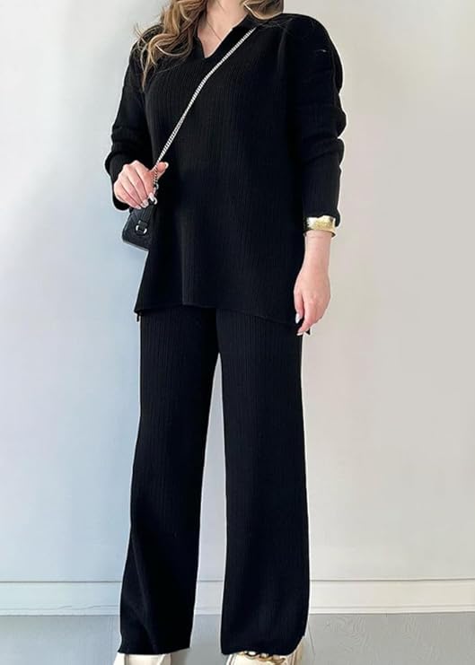 V-Neck Casual Slit Knitted Two-Piece Set