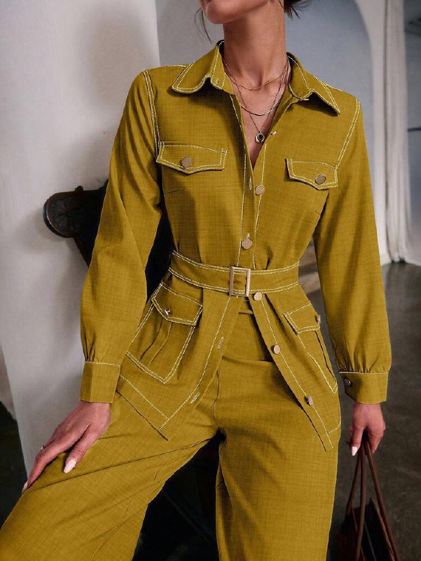 Women's Autumn New Seam Pocket Decor Long Sleeve Top And Pants