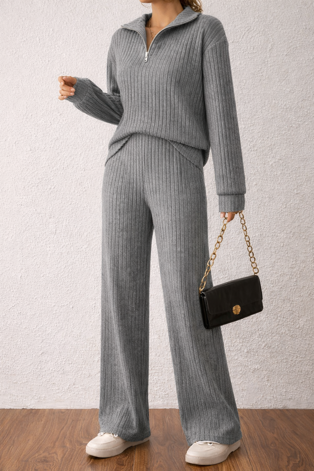 Half-Zip Casual Slit Knitted Two-Piece Set