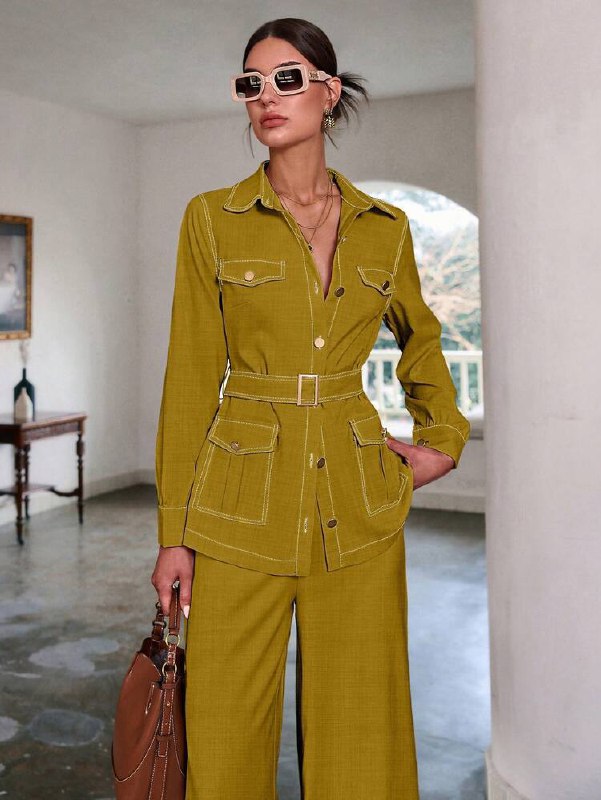 Women's Autumn New Seam Pocket Decor Long Sleeve Top And Pants