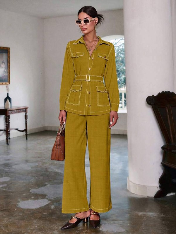 Women's Autumn New Seam Pocket Decor Long Sleeve Top And Pants