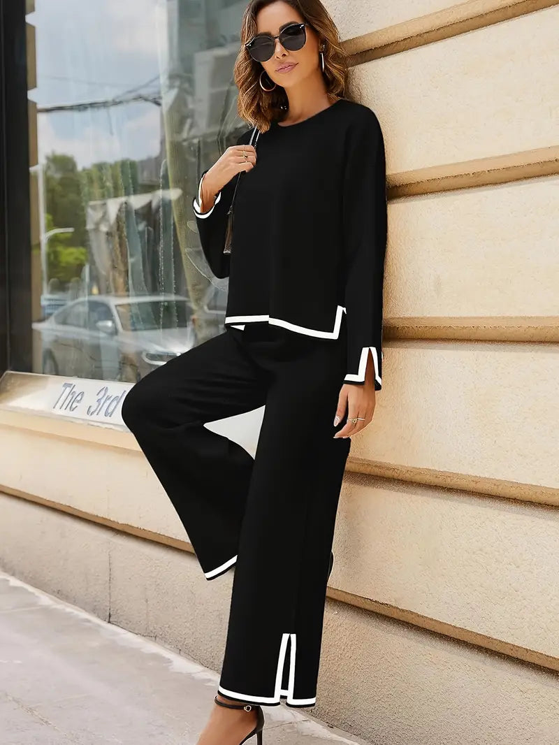 Casual Contrast Trim Fit Two-piece Pants Set