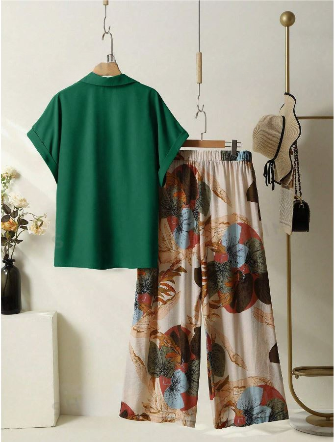 Women's Solid Color Batwing Sleeve Shirt And Floral Print Pants