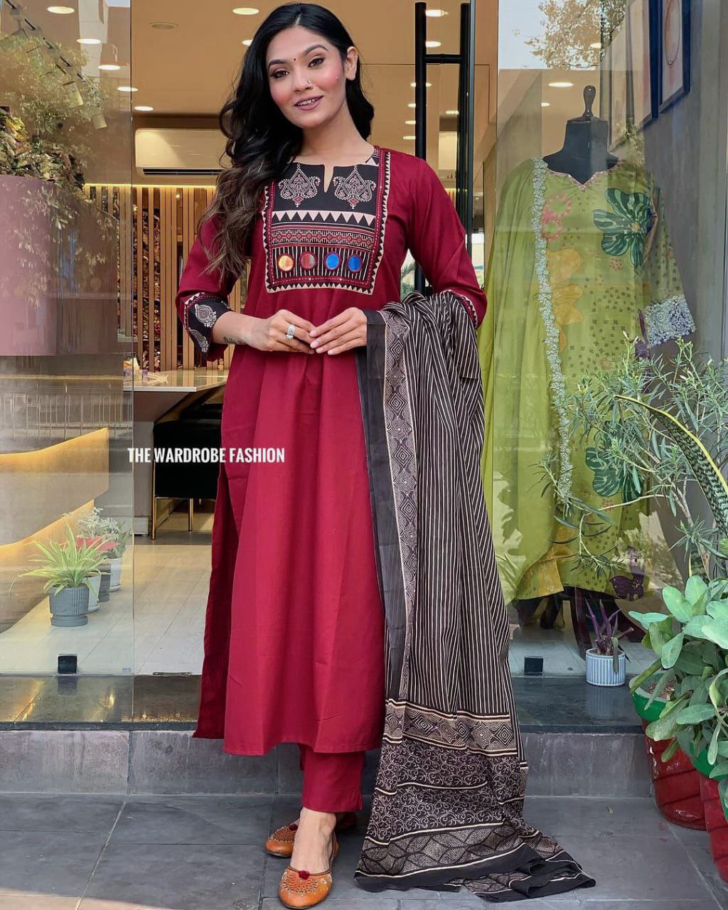 Maroon Cotton Suit Set With Adda Work, Border Sleeves & Mulmul Dupatta