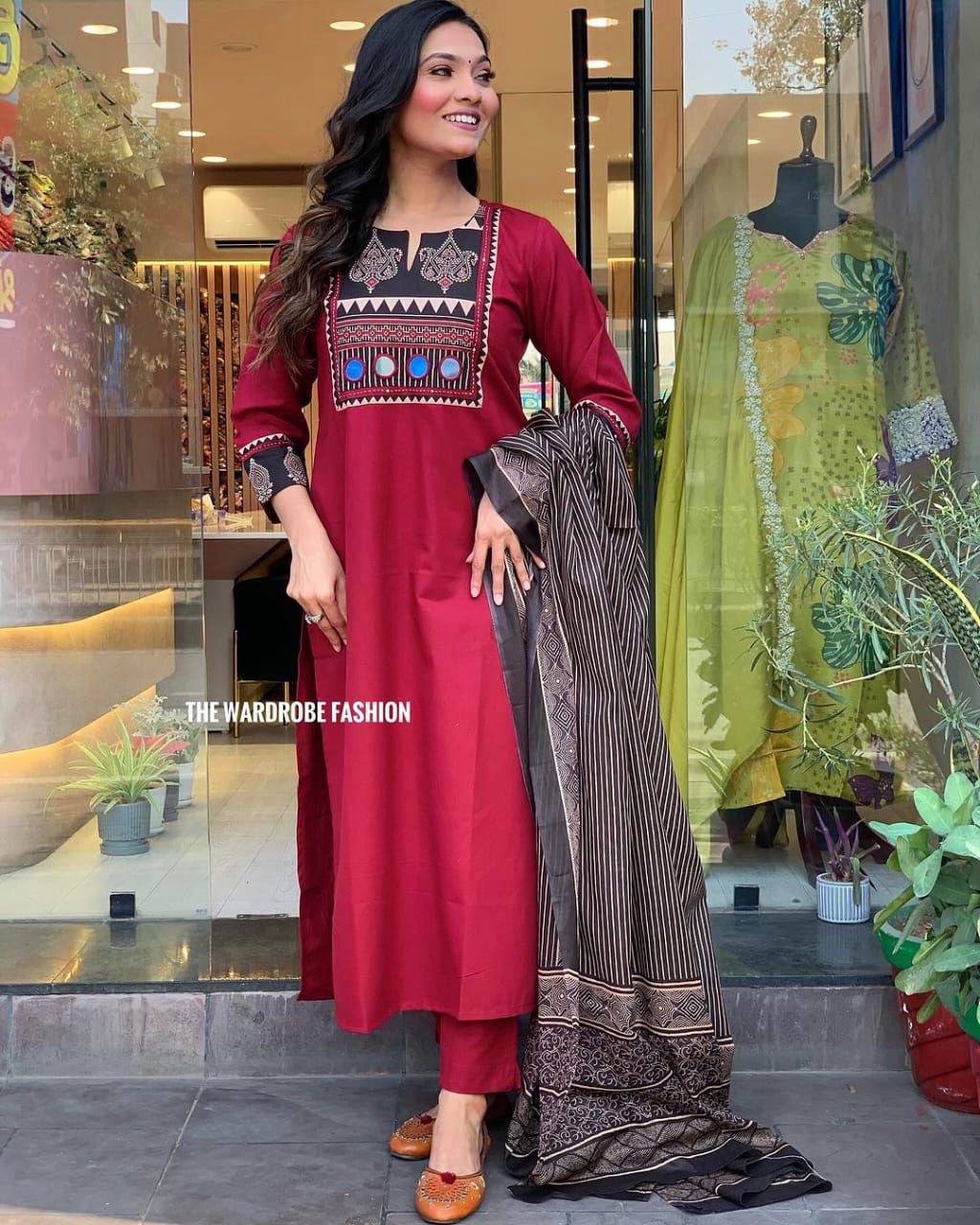 Maroon Cotton Suit Set With Adda Work, Border Sleeves & Mulmul Dupatta