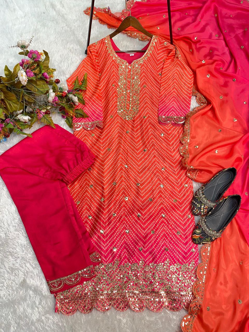 DESIGNER FANCY PURE CHINON SILK PRINTED AND SEQUENCE EMBROIDERY WORK TOP AND PANT WITH DUPATTA