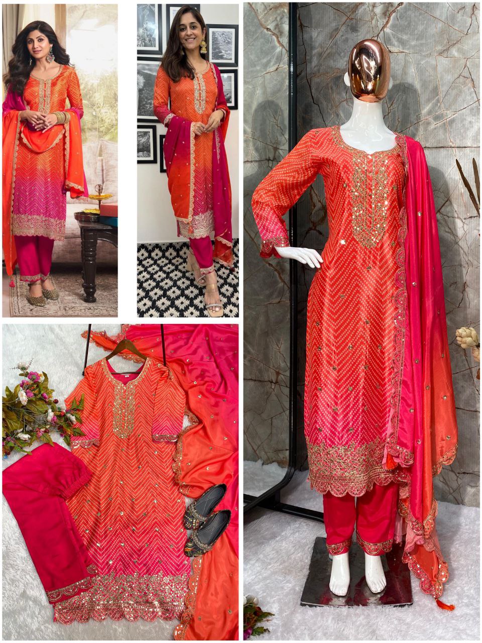 DESIGNER FANCY PURE CHINON SILK PRINTED AND SEQUENCE EMBROIDERY WORK TOP AND PANT WITH DUPATTA