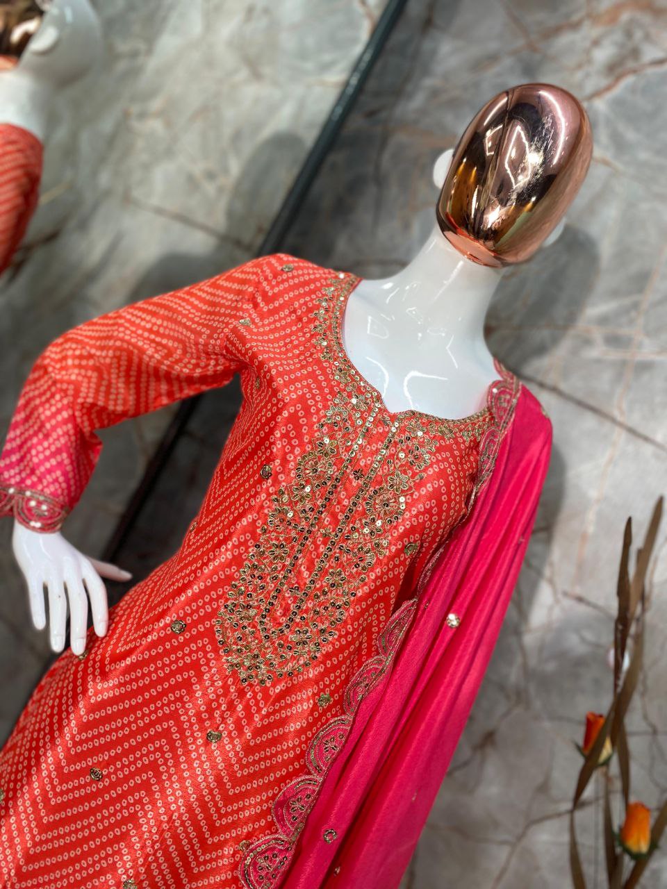 DESIGNER FANCY PURE CHINON SILK PRINTED AND SEQUENCE EMBROIDERY WORK TOP AND PANT WITH DUPATTA