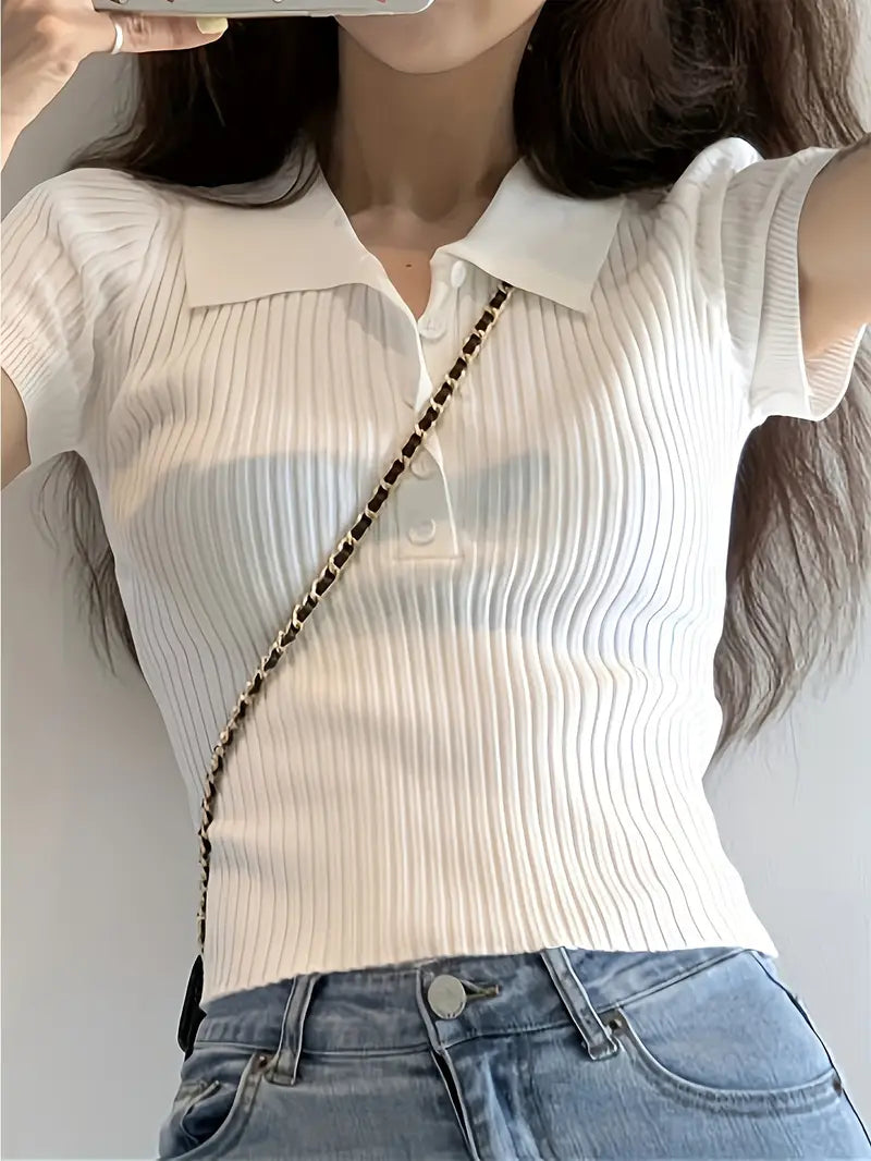 Button Front V Neck Knit T-Shirt, Elegant Short Sleeve Slim Summer Knit T-Shirt