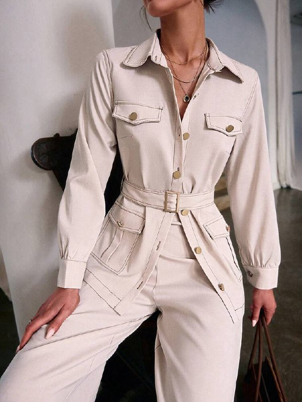 Women's Autumn New Seam Pocket Decor Long Sleeve Top And Pants