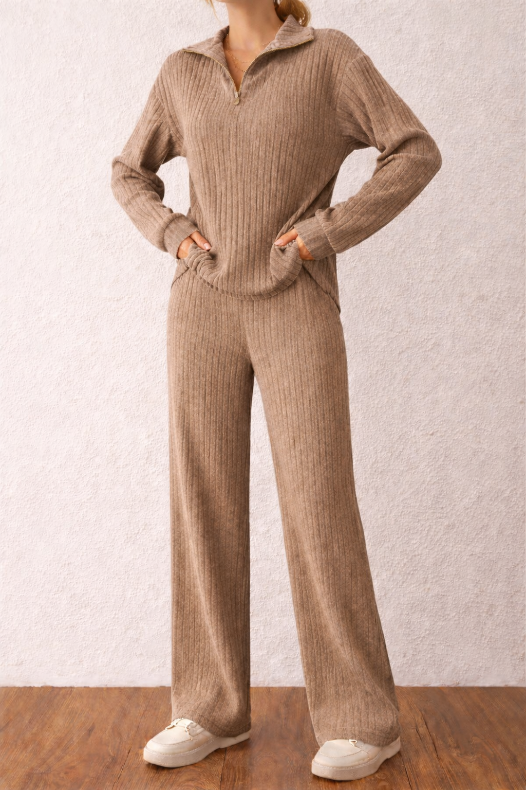 Half-Zip Casual Slit Knitted Two-Piece Set