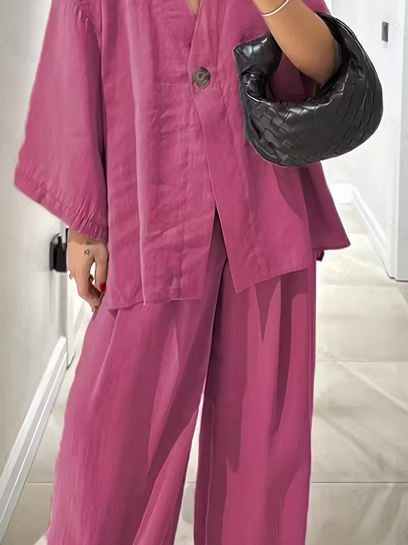 Women'S Elegant V-Neck Long Sleeve Top & High-Waist Pants Set