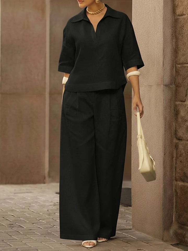 Women's Casual Cotton Shirt And Wide-leg Pants Two-piece Set