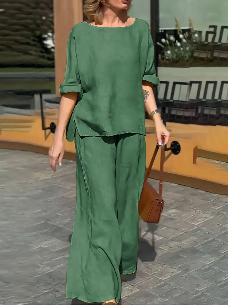 Women Round Neck Long Sleeve Side Pocket High Waist Wide Leg Trousers Set