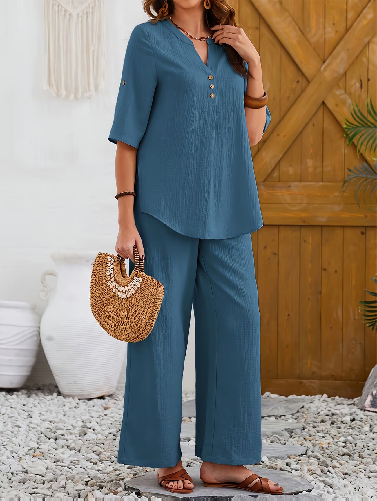 Women's Casual Notched Neck Short Sleeve Top And Pants Set