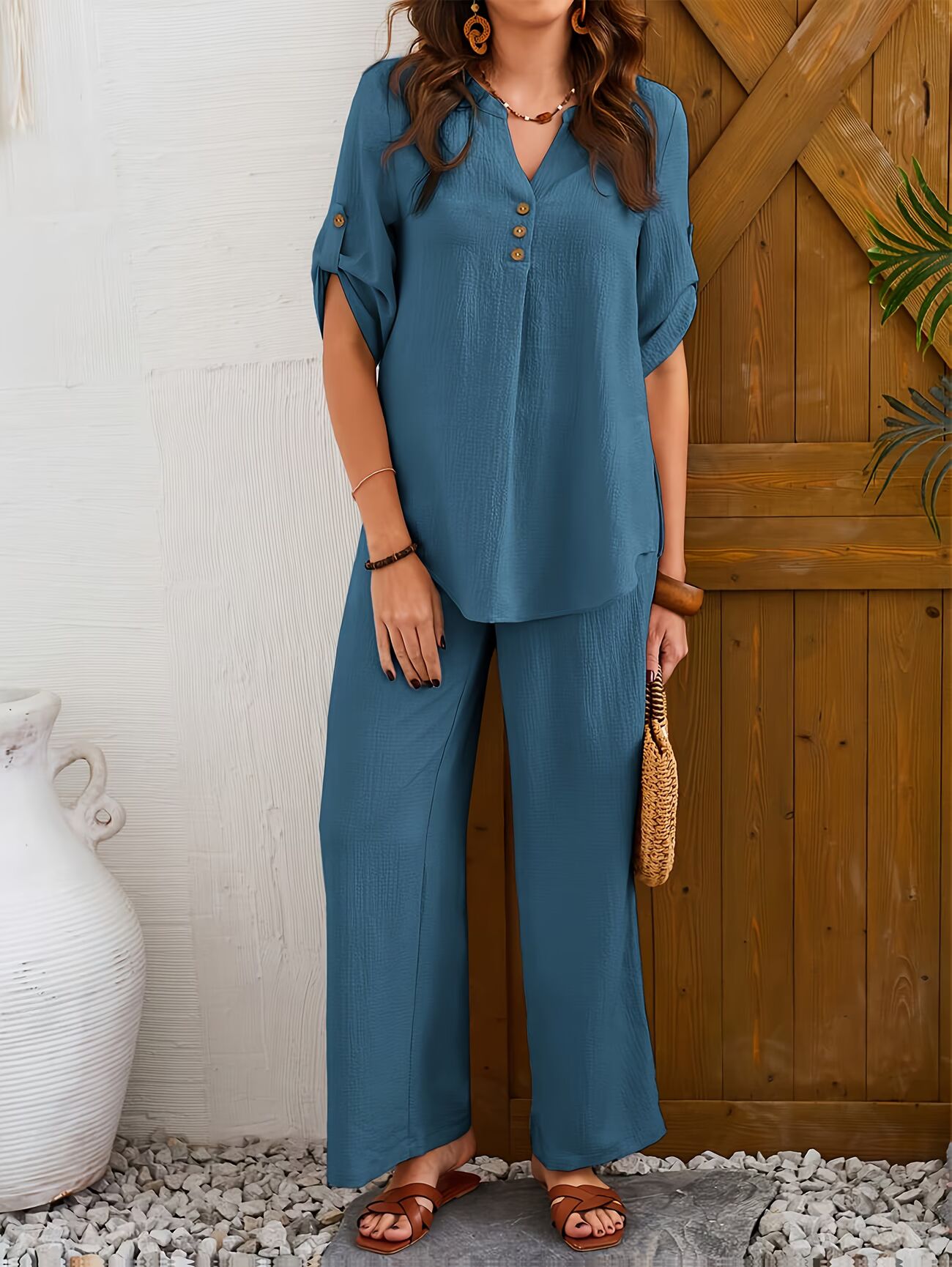 Women's Casual Notched Neck Short Sleeve Top And Pants Set