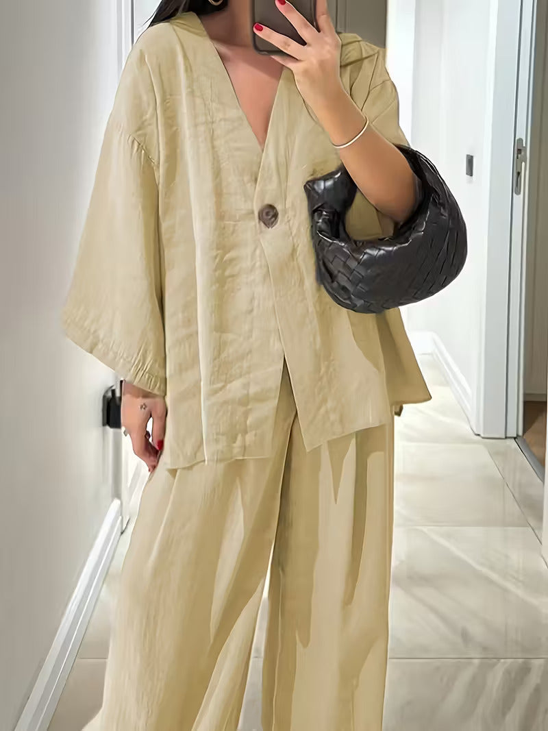 Women'S Elegant V-Neck Long Sleeve Top & High-Waist Pants Set