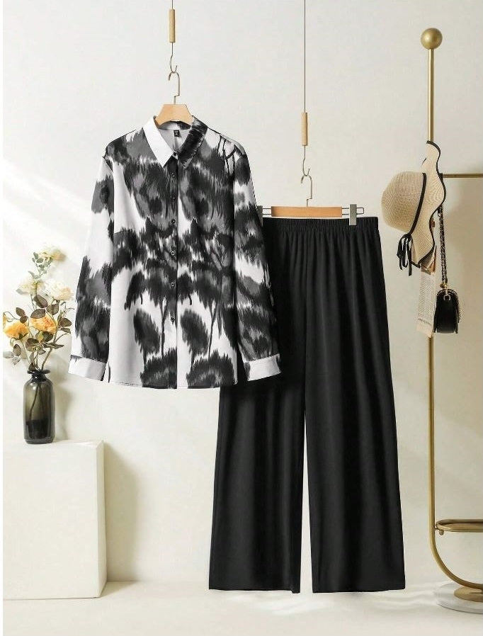 Women's Printed Top And Solid Color Long Pants Simple Daily Wear