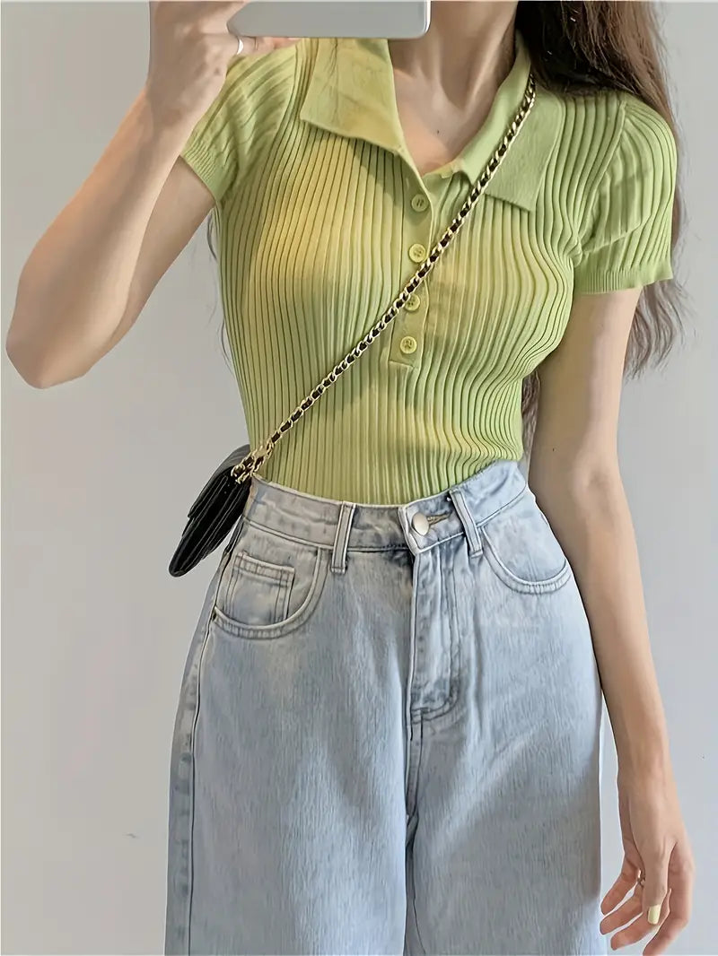 Button Front V Neck Knit T-Shirt, Elegant Short Sleeve Slim Summer Knit T-Shirt