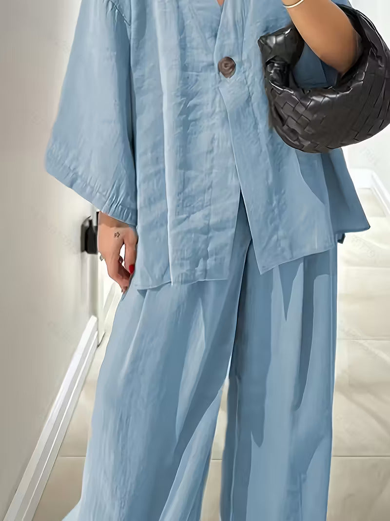 Women'S Elegant V-Neck Long Sleeve Top & High-Waist Pants Set