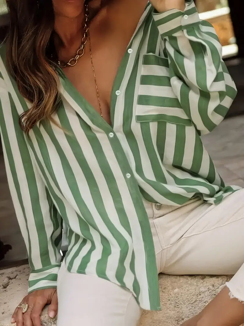 New Loose Fit Long Sleeve Women Printed Striped Shirt