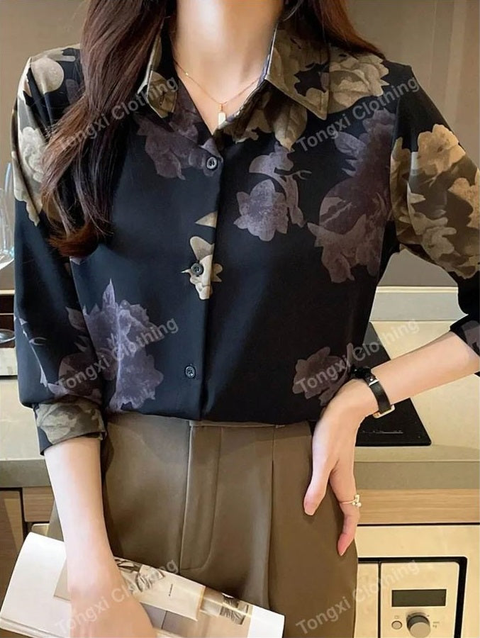 Women Floral Print Casual Long Sleeve Shirt