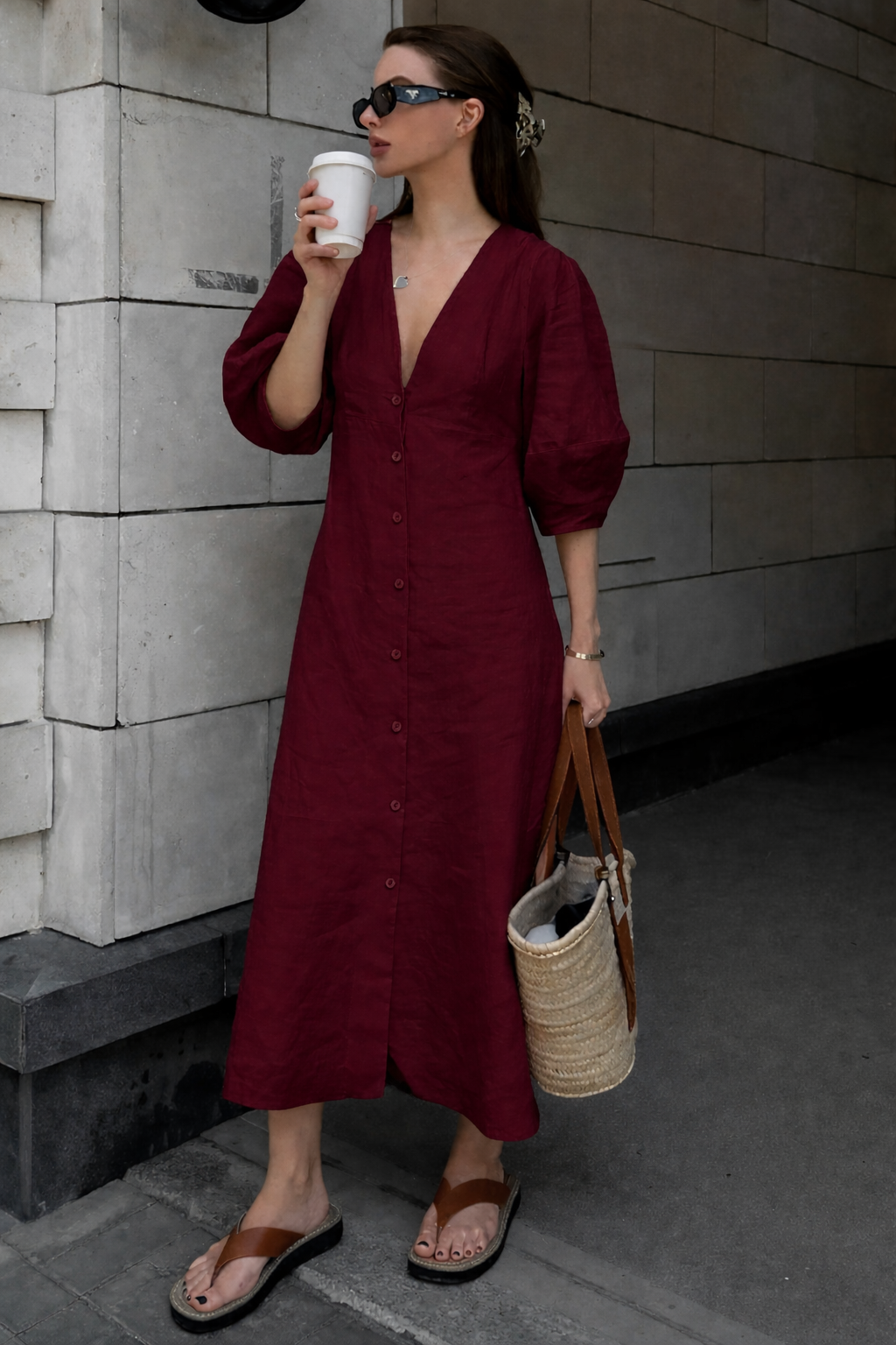 Cotton Button-Front Knotted Long Dress