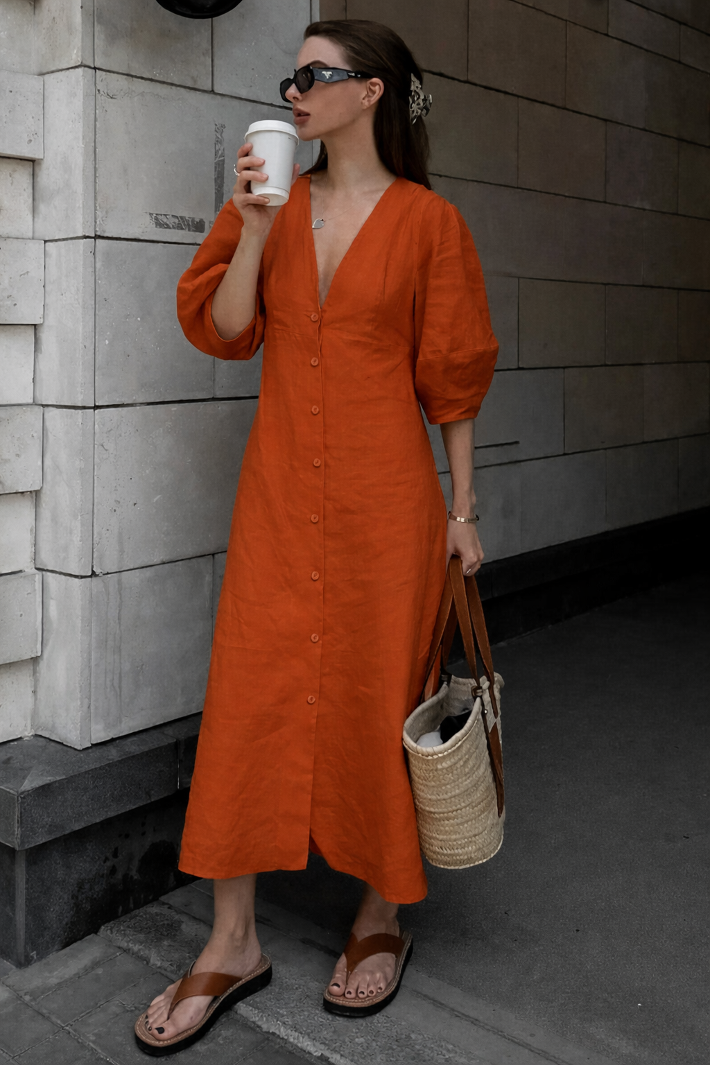 Cotton Button-Front Knotted Long Dress