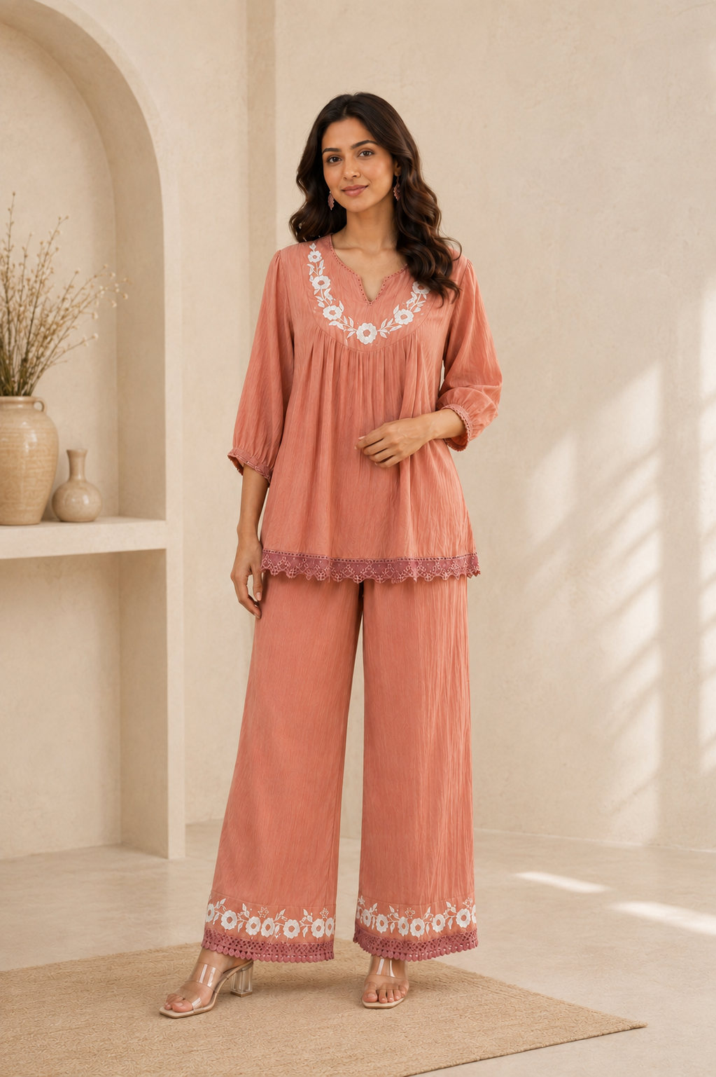 Women’s Peach Embroidered Co-Ord Set With Lace Detailing