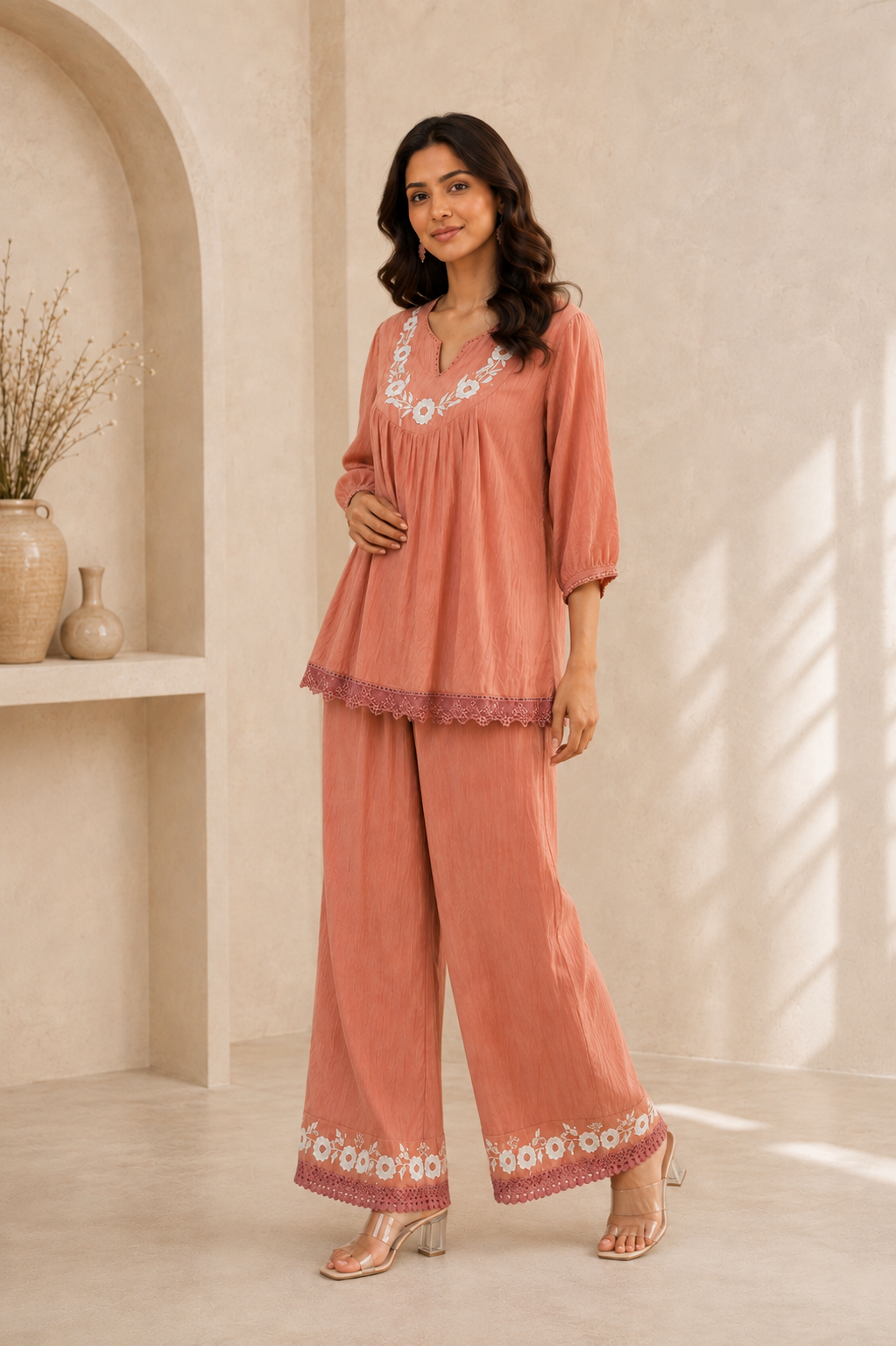 Women’s Peach Embroidered Co-Ord Set With Lace Detailing