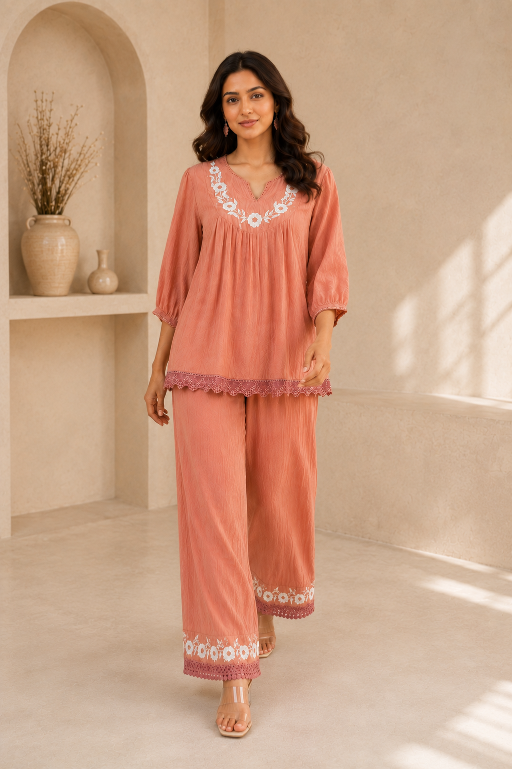 Women’s Peach Embroidered Co-Ord Set With Lace Detailing