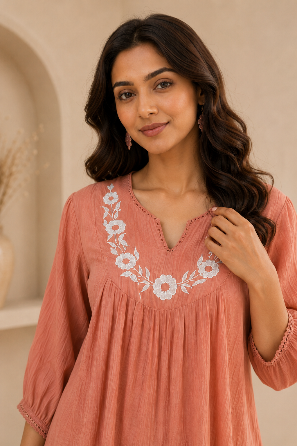 Women’s Peach Embroidered Co-Ord Set With Lace Detailing