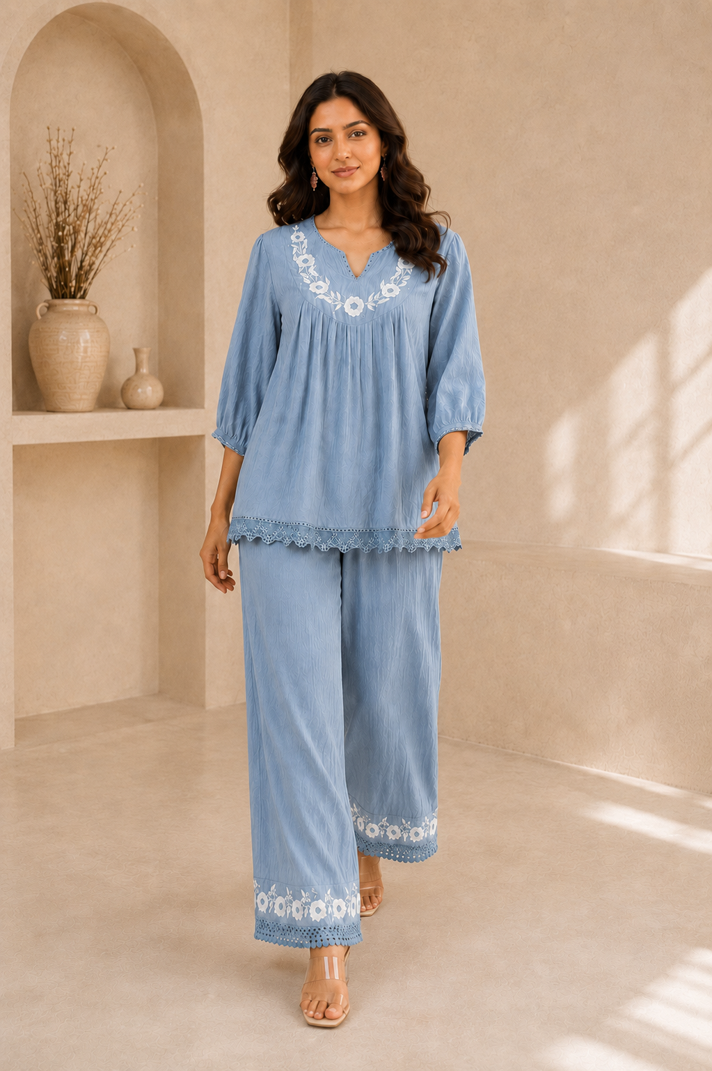 Women’s Sky Embroidered Co-Ord Set With Lace Detailing