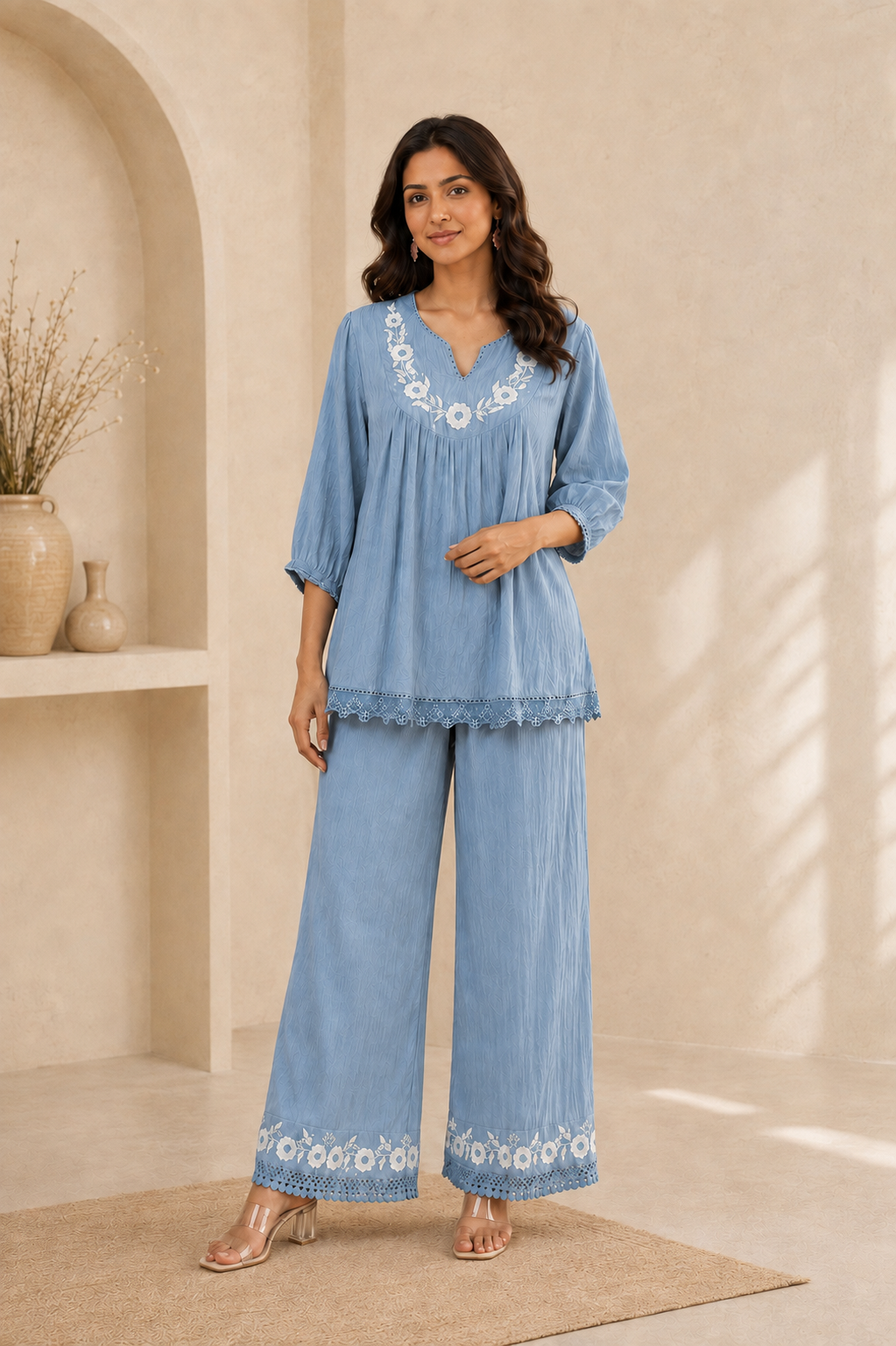 Women’s Sky Embroidered Co-Ord Set With Lace Detailing