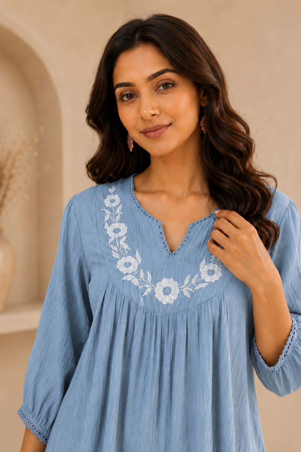 Women’s Sky Embroidered Co-Ord Set With Lace Detailing