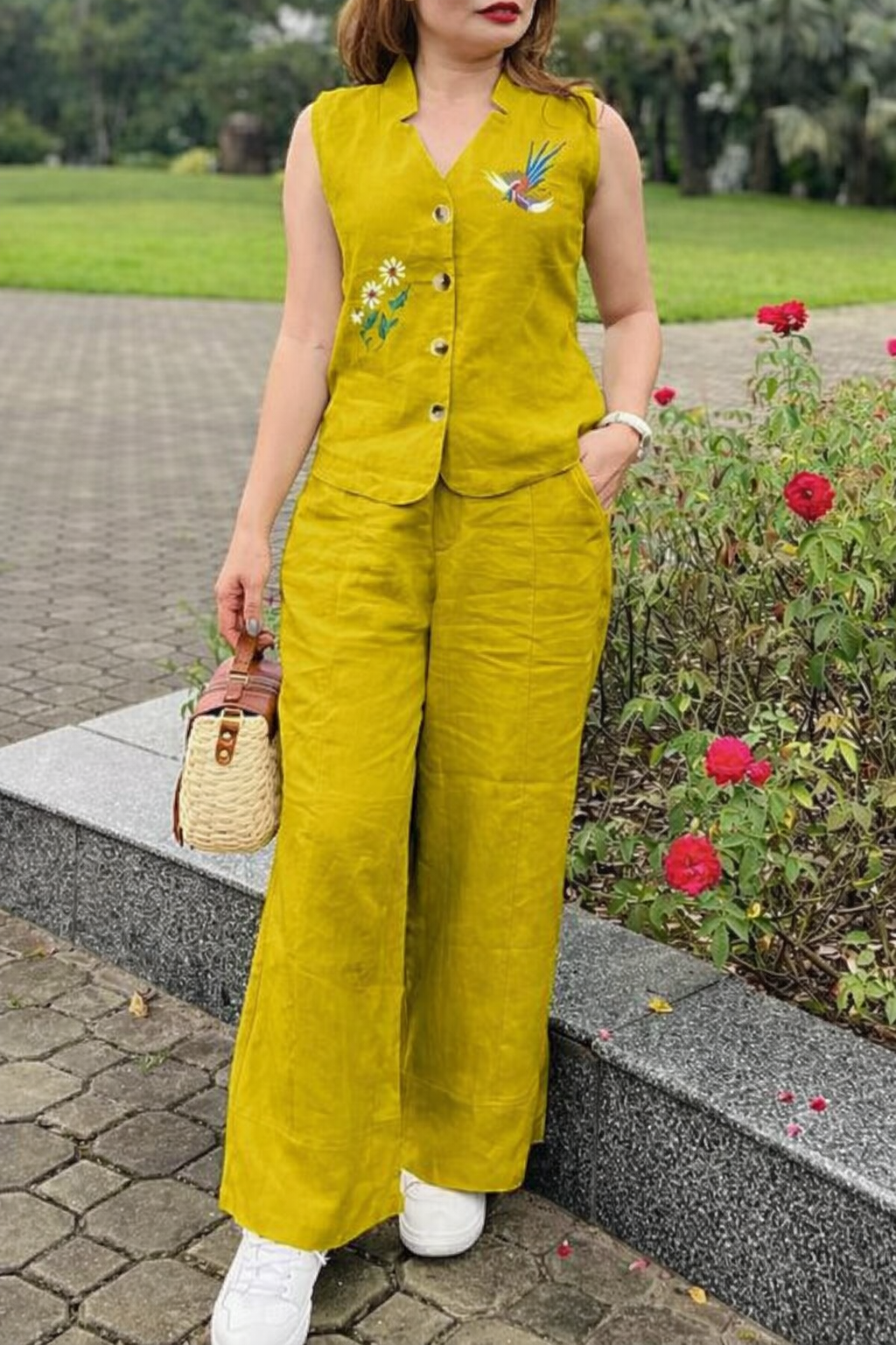 WOMEN EMBROIDERY CROP TOP & TROUSERS CO-ORDER SET