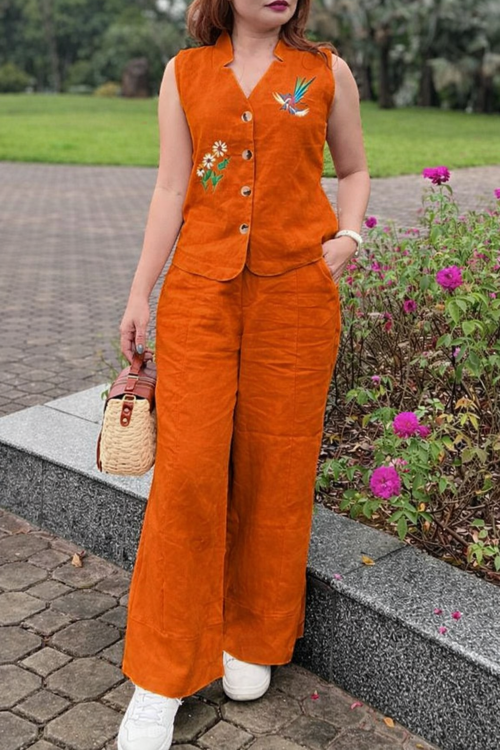 WOMEN EMBROIDERY CROP TOP & TROUSERS CO-ORDER SET