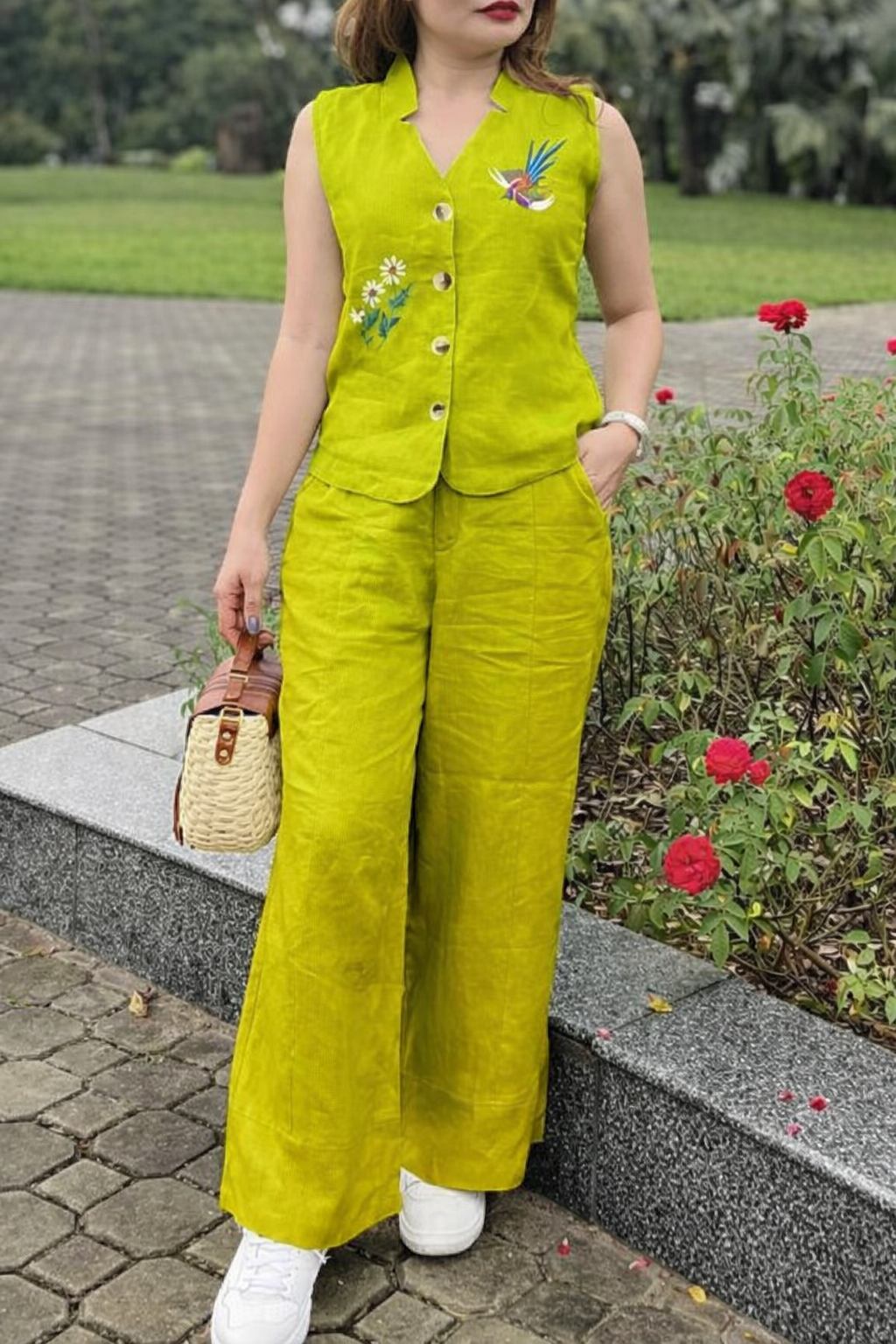 WOMEN EMBROIDERY CROP TOP & TROUSERS CO-ORDER SET